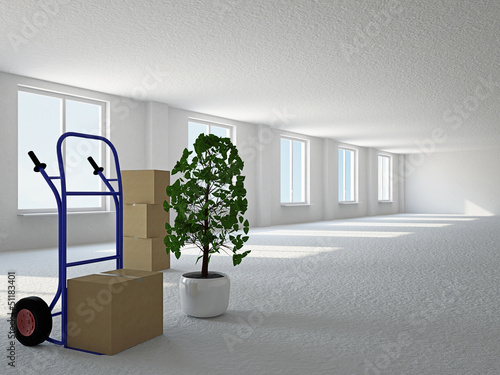 Illustration: Empty hall with boxes and pushcart Empty hall with boxes and pushcart