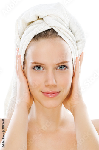 Photo: Beauty with towel isolated on white Beauty with towel isolated on white