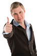 A young executive giving you a thumbs up while isolated on a whi