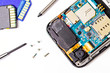 Smart phone repair isolated on white background.