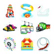 Colorful amusement park or funfair attraction icons