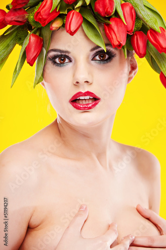 Photo: beauty woman portrait with wreath from flowers on head ogange b beauty woman portrait with wreath from flowers on head ogange b