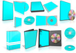 Cyan multimedia disks and boxes on white