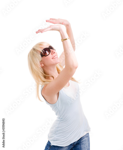 Photo: woman is holding something abstract above her head woman is holding something abstract above her head