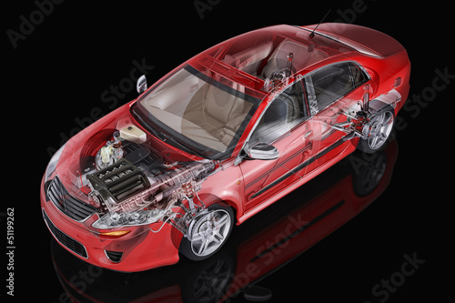Illustration: Generic sedan car detailed cutaway representation, with ghost ef Generic sedan car detailed cutaway representation, with ghost ef