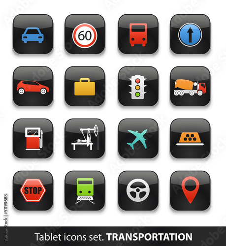 Vector: Transportation. Tablet buttons collection isolated on white Transportation. Tablet buttons collection isolated on white