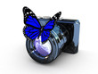 3d illustration of photographic camera and butterfly on white ba