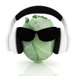 Green cabbage with sun glass and headphones front "face"