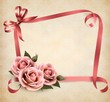 Retro holiday background with pink roses and ribbons. Vector ill