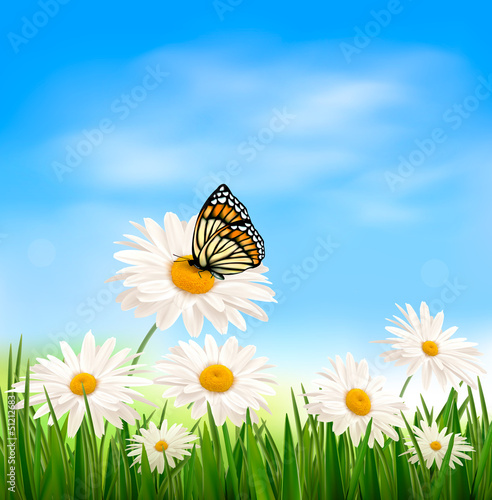 Vector: Nature background with green grass and butterfly Nature background with green grass and butterfly