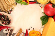 paper for recipes, spaghetti with vegetables and spices,