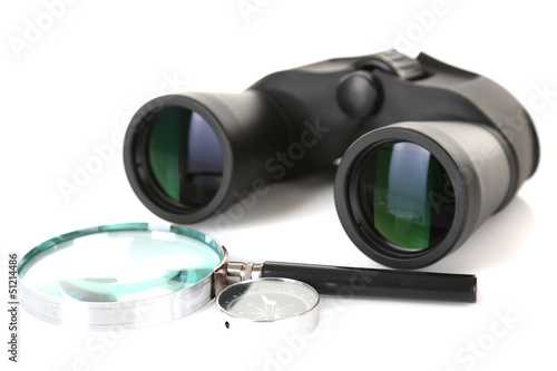 Photo: Black modern binoculars with magnifying glass and compass Black modern binoculars with magnifying glass and compass