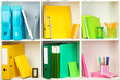 White office shelves with different stationery, close up