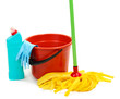 Mop, plastic bucket and rubber gloves, isolated on white