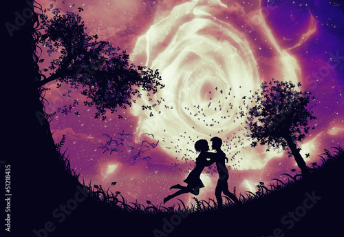 Illustration: Couple silhouette and rose in the sky Couple silhouette and rose in the sky