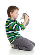 kid boy with kitten isolated on white background