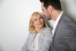 Trendy loving couple on white background