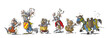 Funny row of cartoon Knights with raised hands up.