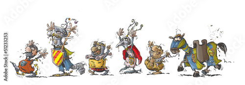 Illustration: Funny row of cartoon Knights with raised hands up. Funny row of cartoon Knights with raised hands up.