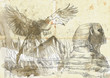 An hand drawn illustration - Pyramid, Sphinx, Phoenix