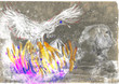 An hand drawn illustration - Pyramid, Sphinx, Phoenix