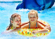 Children sitting on inflatable ring.