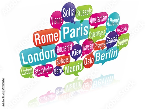Illustration: nuage de mots bulles 3D : capitales d'europe nuage de mots bulles 3D : capitales d'europe