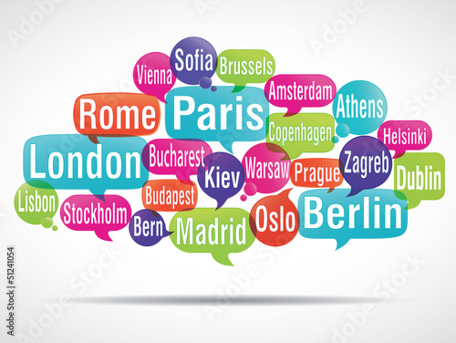 Illustration: nuage de mots bulles : capitales d'europe nuage de mots bulles : capitales d'europe