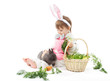Photo: Child in bunny hare costume holding rabbit and carrot. Child in bunny hare costume holding rabbit and carrot.