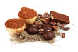 Composition of chocolate sweets and cocoa, isolated on white