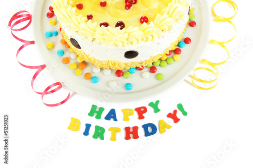 Photo: Happy birthday cake, isolated on white Happy birthday cake, isolated on white