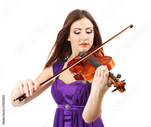Photo: Beautiful young girl with violin, isolated on white Beautiful young girl with violin, isolated on white