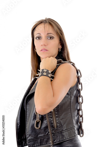 Photo: Womans holding a chain, with leather bracelet Womans holding a chain, with leather bracelet