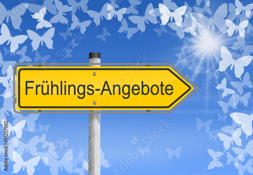 Vector: Schild Frühling Angebot Sonne Schmetterlinge Schild Frühling Angebot Sonne Schmetterlinge