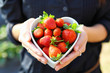 strawberry in heart shape bowl with hand
