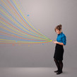 Happy girl holding a phone with colorful abstract lines