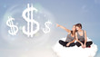 Foto: Young women sitting on cloud next to cloud dollar signs Young women sitting on cloud next to cloud dollar signs
