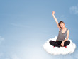 Young woman sitting on cloud with copy space