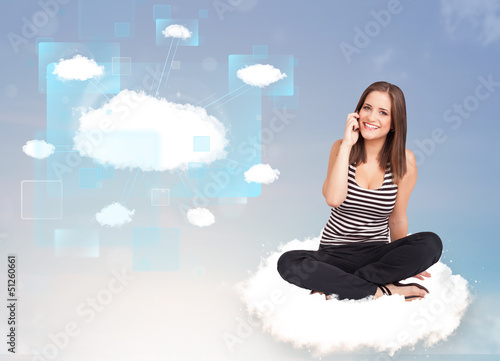 Photo: Happy girl looking at modern cloud network Happy girl looking at modern cloud network