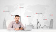 Businessman with world map and major landmarks of the world