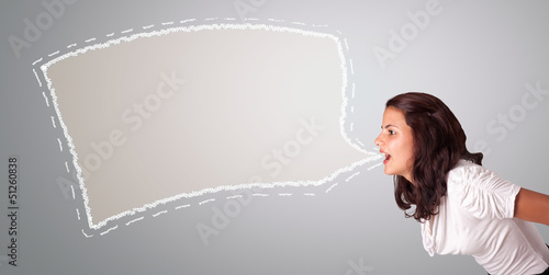 Photo: beautiful woman gesturing with abstract speech bubble copy space beautiful woman gesturing with abstract speech bubble copy space