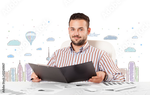 Photo: Attractive businessman with city sky-scape background Attractive businessman with city sky-scape background