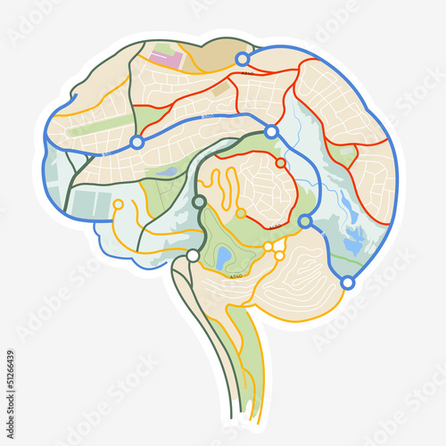 Vector: Brain Map. An illustration of a human brain made up from a map. Brain Map. An illustration of a human brain made up from a map.