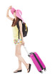 young woman in summer outfit  with travel case