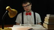 Video: Sleepy nerd man working overtime in home office at night Sleepy nerd man working overtime in home office at night
