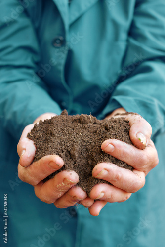 Photo: Soil in hands of agricultural worker Soil in hands of agricultural worker