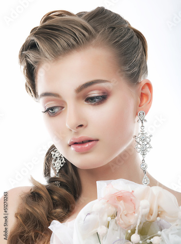 Photo: Love. Sophisticated Woman with Bouquet of Flowers. Freshness Love. Sophisticated Woman with Bouquet of Flowers. Freshness