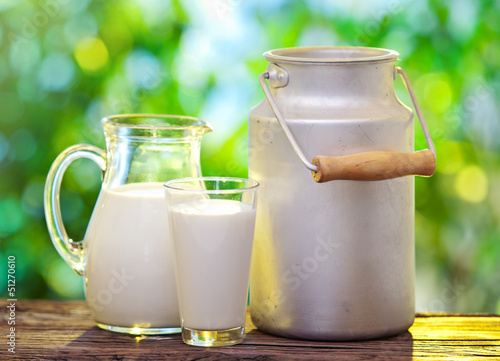 Photo: Milk in various dishes. Milk in various dishes.
