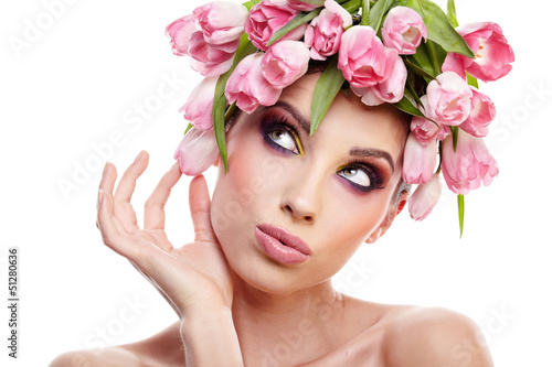 Photo: beauty woman portrait with wreath from flowers on head over whit beauty woman portrait with wreath from flowers on head over whit
