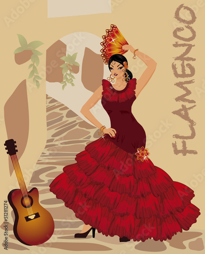 Vector: Flamenco dancer girl with fan and guitar, vector Flamenco dancer girl with fan and guitar, vector